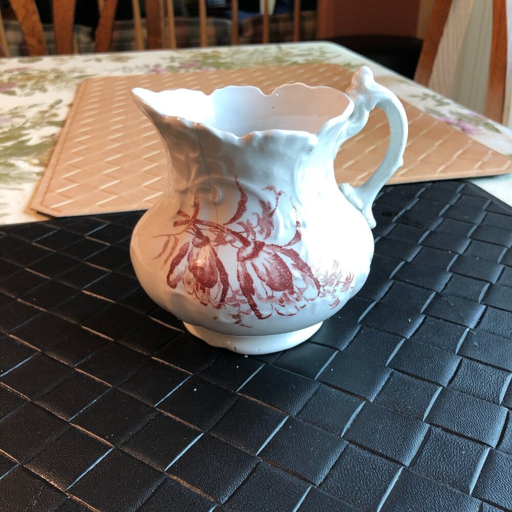 Antique Dresden Semi Porcelain Small Pitcher Cream & Burgundy 4 1/2" x 4"
